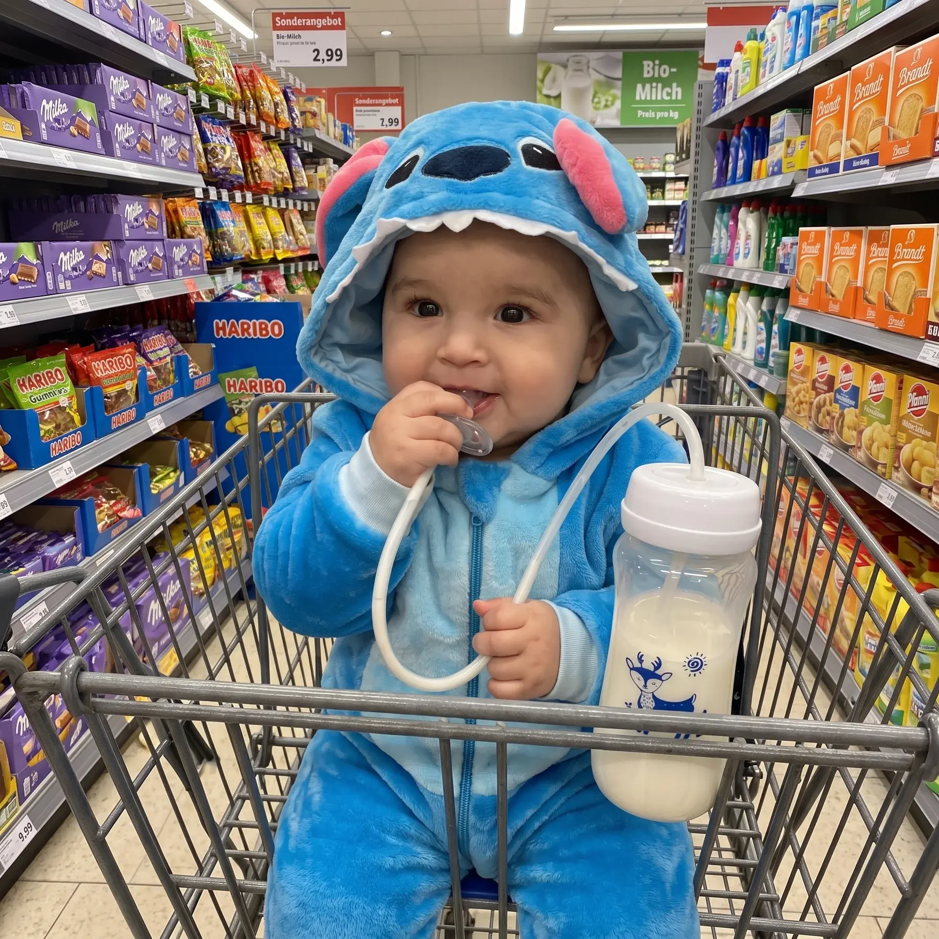 Baby beim Einkaufen mit der Nuvi Freihand-Flasche im Einkaufswagen