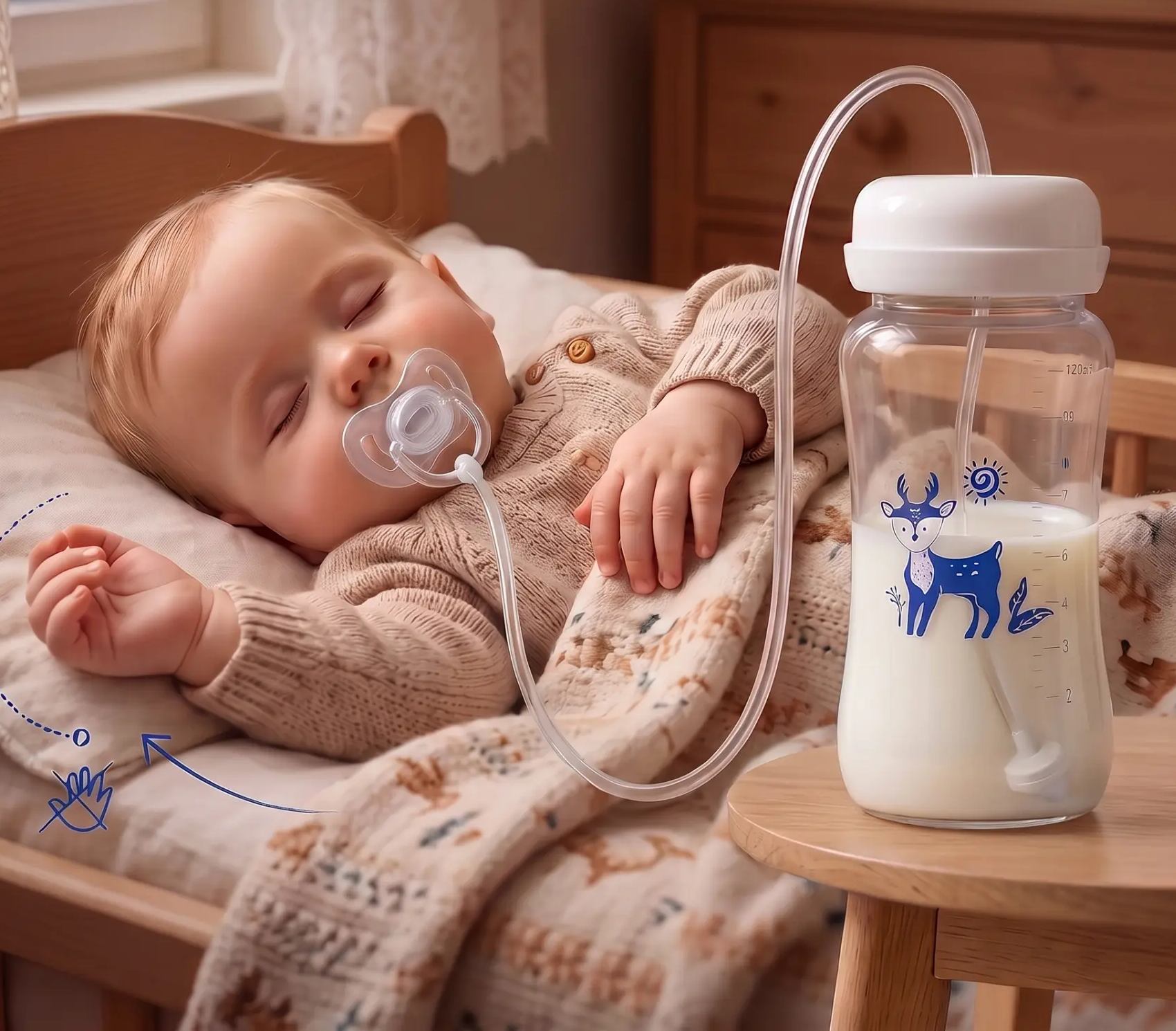 Elternteil füttert Baby mit Nuvi Freihand-Flasche